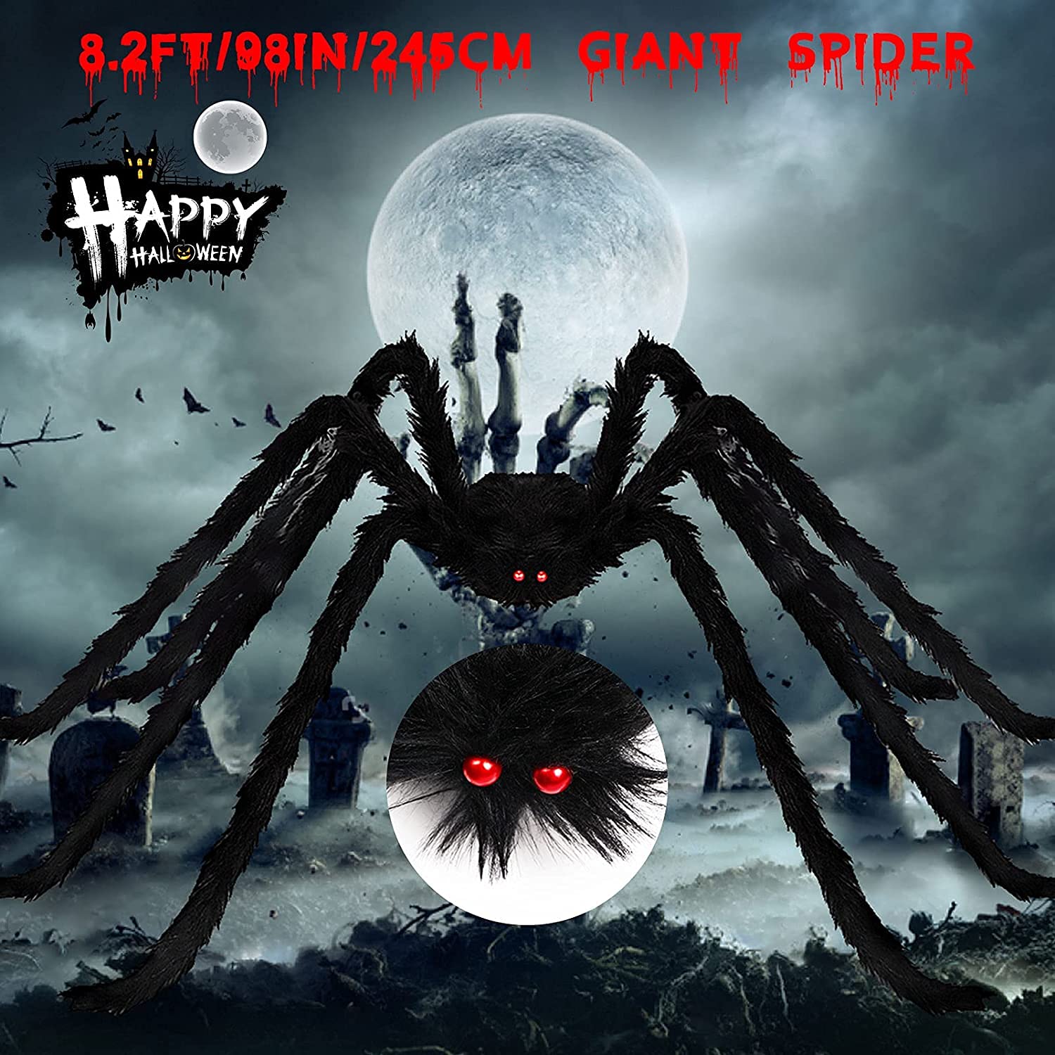 Chermory 8.2FT/98IN/250CM Halloween Giant Spider Decorations, Large Fake Scary Hairy Spider,Halloween Huge Plush Toy Spider Props Toy for Indoor Outdoor Creepy Lawn Garden Decor Black