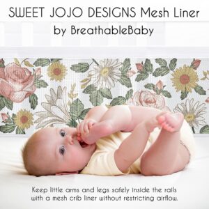 Sweet Jojo Designs + BreathableBaby Blush Pink Yellow Vintage Floral Boho Girl Breathable Mesh Crib Liner Baby Infant Bohemian Shabby Chic Daisy Flower Farmhouse Wildflower Leaf Sage Green