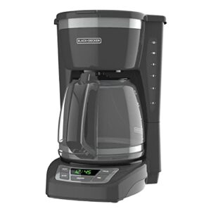 black+decker 12-cup digital coffee maker, cm1165gy, programmable, washable basket filter, sneak-a-cup, auto brew, water window, keep hot plate, grey