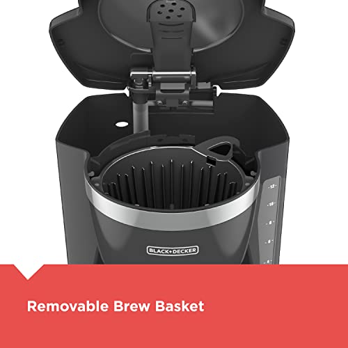 BLACK+DECKER 12-Cup Digital Coffee Maker, CM1165GY, Programmable, Washable Basket Filter, Sneak-A-Cup, Auto Brew, Water Window, Keep Hot Plate, Grey