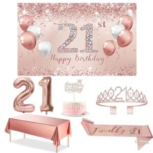 Trgowaul 21st Birthday Decorations for her, Rose Gold 21 Birthday Banner, Tablecloth, 21st Birthday Sash and Crown, 1PC 21st Cake Topper, Pink 21 Number Balloons Happy 21 Birthday Decorations Women