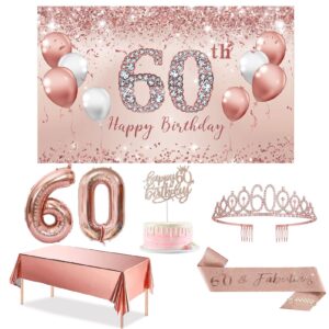 trgowaul 60th birthday decorations party set for women, rose gold 60 birthday banner and tablecloth, 60 & fabulous sash and tiara, 1pc happy 60th birthday cake topper, pink gold 60 number balloons