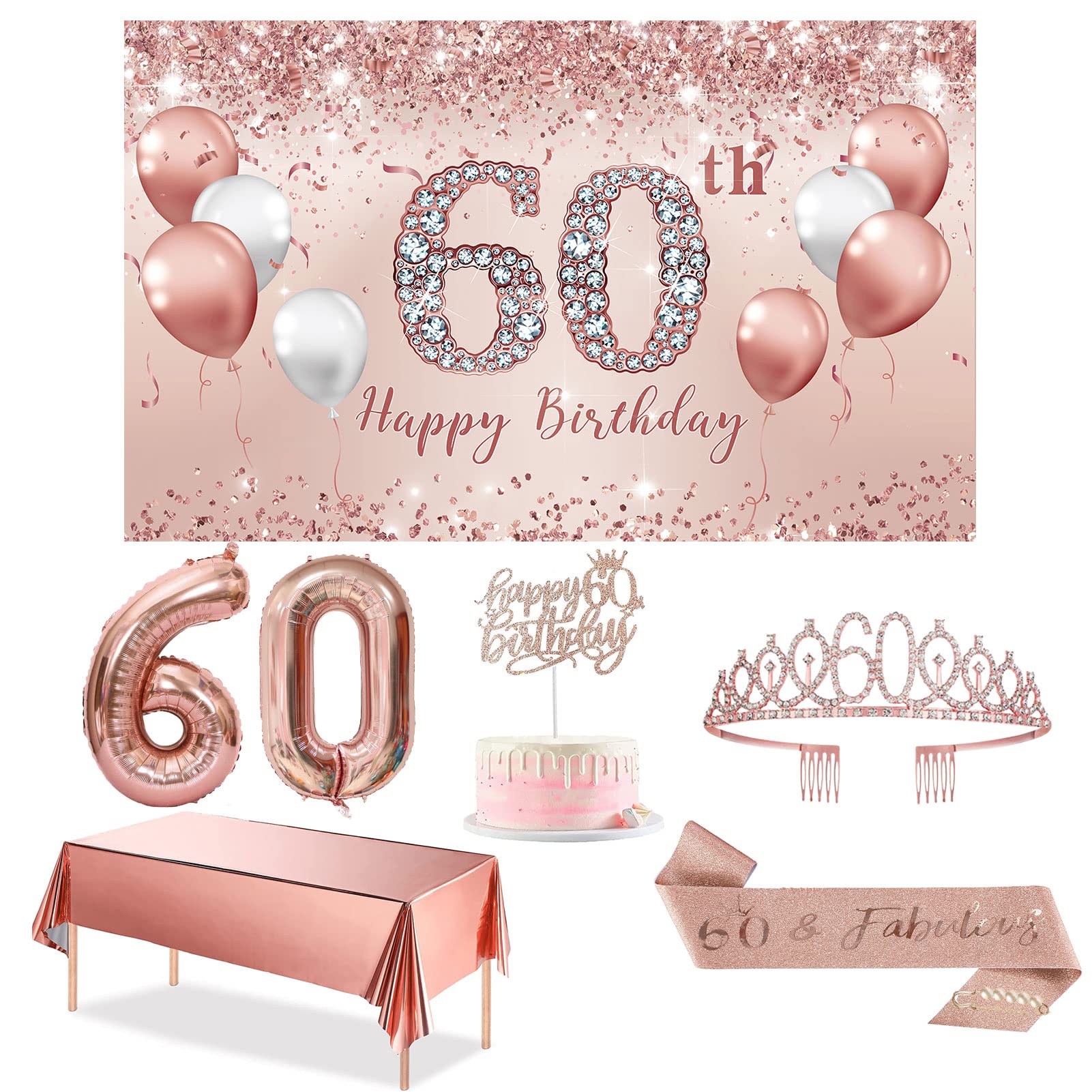 Trgowaul 60th Birthday Decorations Party Set for Women, Rose Gold 60 Birthday Banner and Tablecloth, 60 & Fabulous Sash and Tiara, 1PC Happy 60th Birthday Cake Topper, Pink Gold 60 Number Balloons