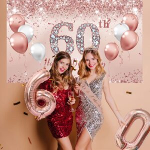 Trgowaul 60th Birthday Decorations Party Set for Women, Rose Gold 60 Birthday Banner and Tablecloth, 60 & Fabulous Sash and Tiara, 1PC Happy 60th Birthday Cake Topper, Pink Gold 60 Number Balloons