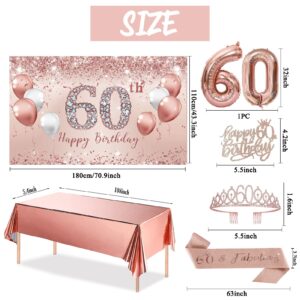 Trgowaul 60th Birthday Decorations Party Set for Women, Rose Gold 60 Birthday Banner and Tablecloth, 60 & Fabulous Sash and Tiara, 1PC Happy 60th Birthday Cake Topper, Pink Gold 60 Number Balloons