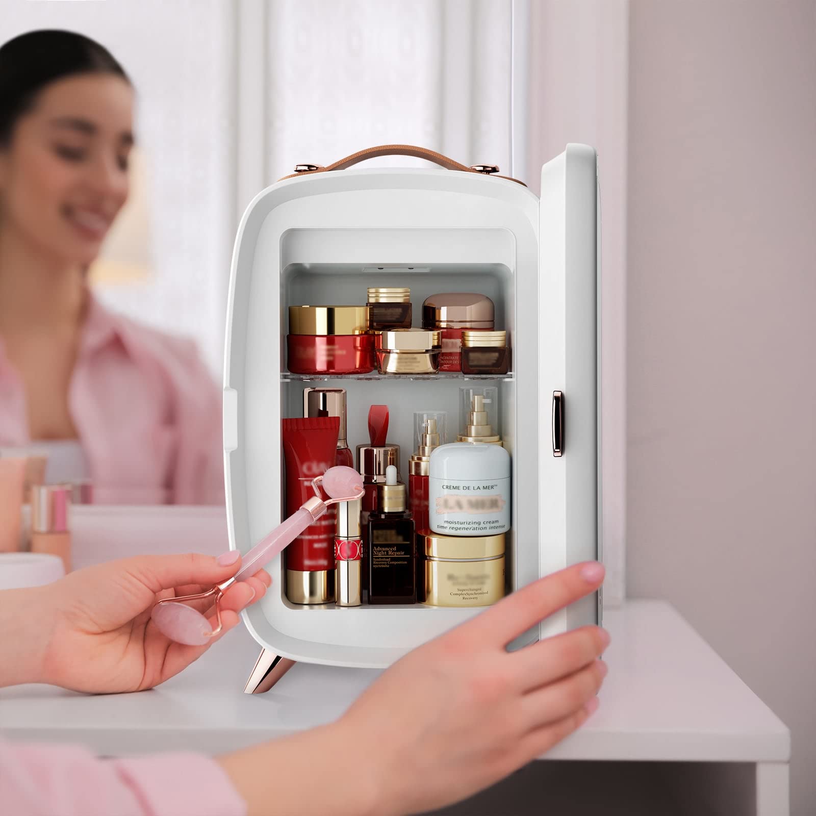 DEPAD Professional Skincare Fridge with Dimmable LED Mirror, 6 Liter Beauty Fridge with AC and USB Cords, White Mini Fridge for Skin Care and Cosmetics, Compact Makeup Fridge