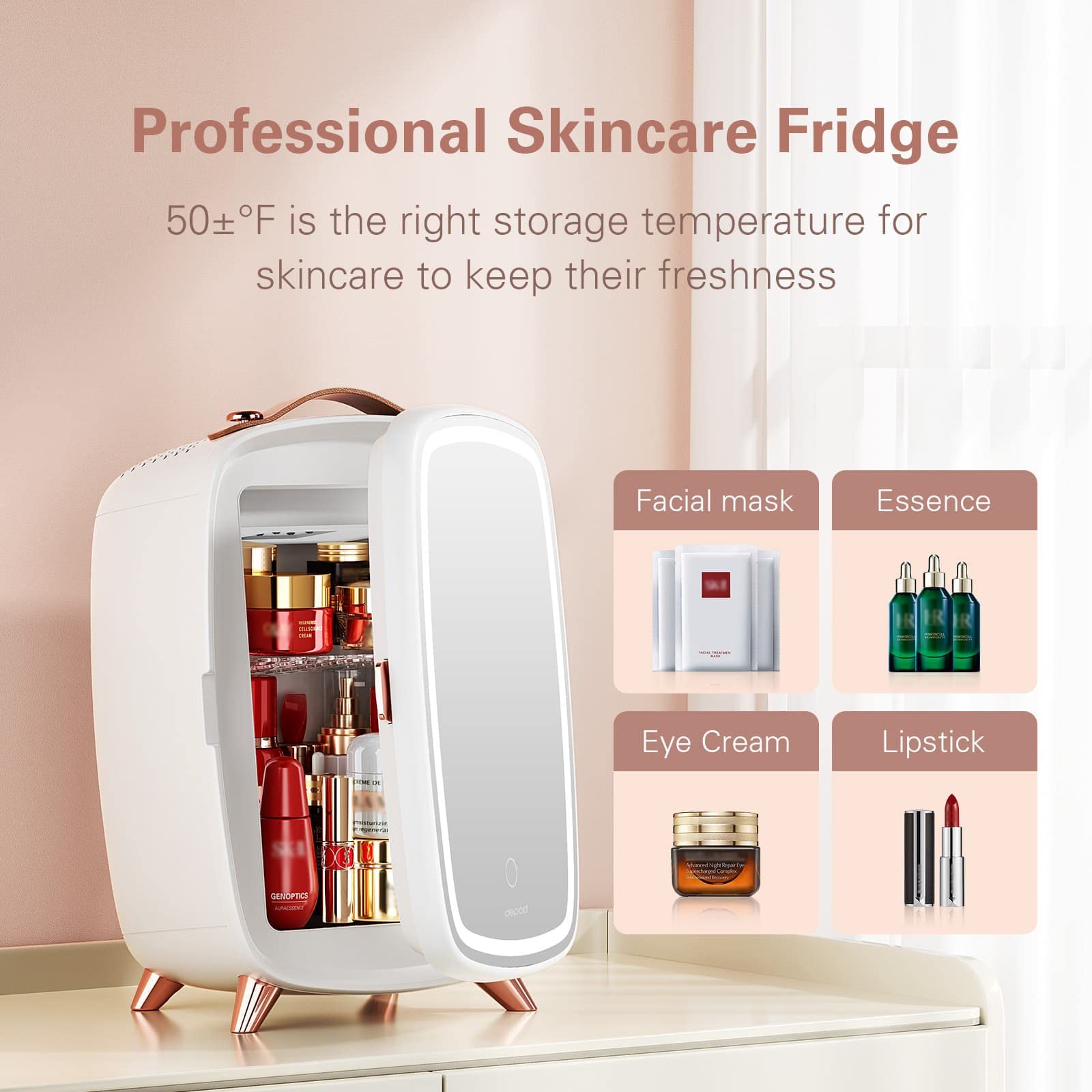 DEPAD Professional Skincare Fridge with Dimmable LED Mirror, 6 Liter Beauty Fridge with AC and USB Cords, White Mini Fridge for Skin Care and Cosmetics, Compact Makeup Fridge