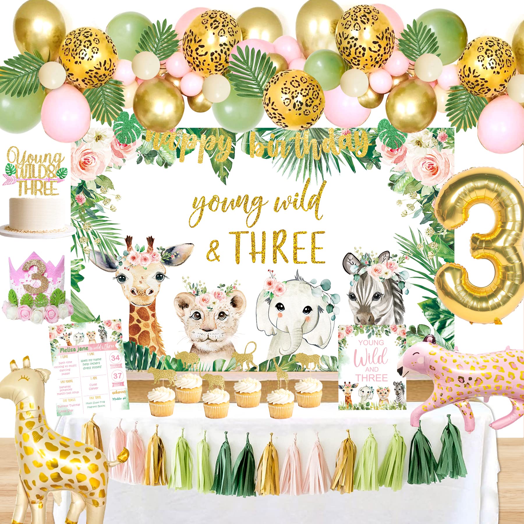 YSHMFEUX Young Wild & Three Birthday Decorations Party Supplies, Wild Three Birthday Decorations for Girl, Jungle Safari Animal 3rd Birthday Decorations Girl, Wild And Three Backdrop Balloons Arch