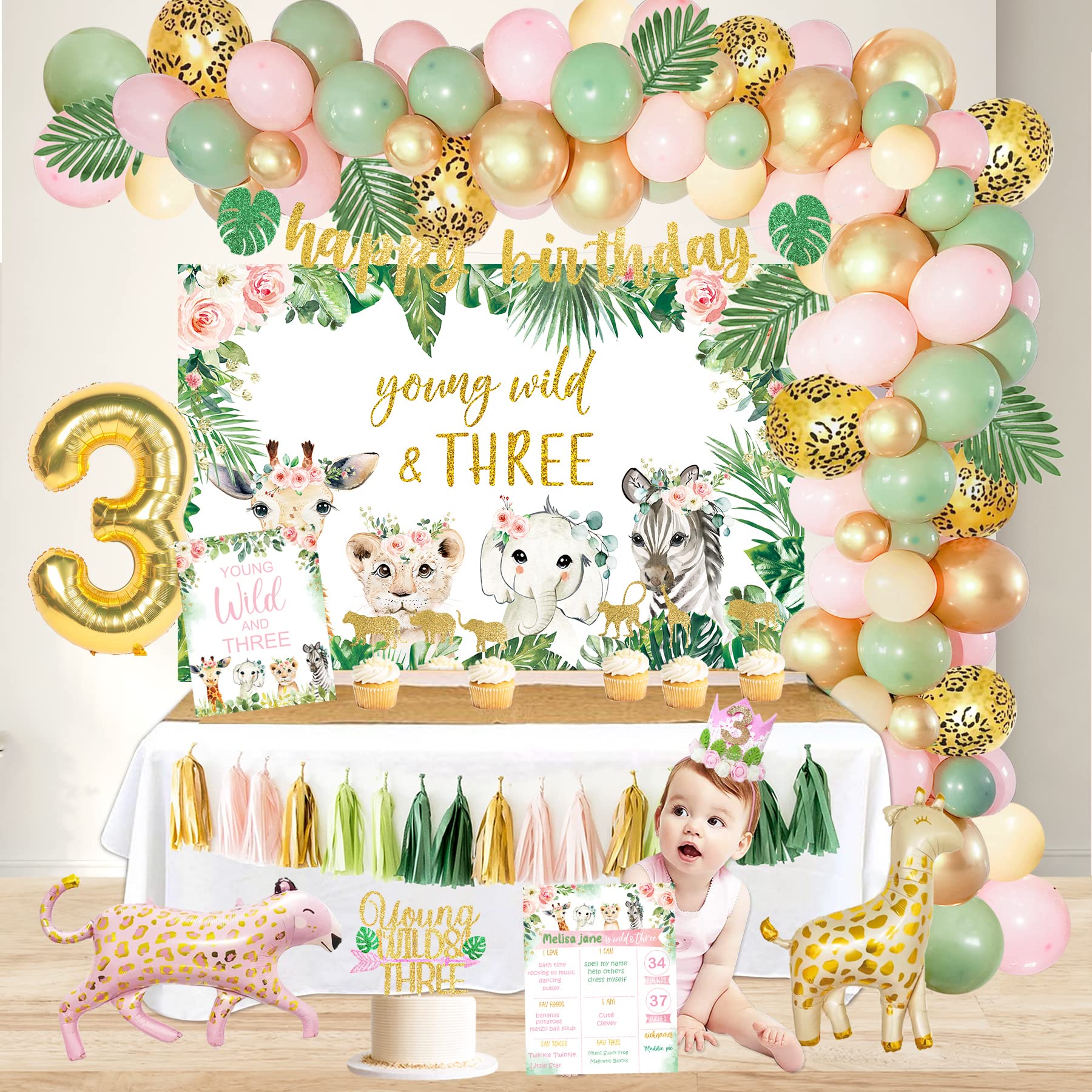 YSHMFEUX Young Wild & Three Birthday Decorations Party Supplies, Wild Three Birthday Decorations for Girl, Jungle Safari Animal 3rd Birthday Decorations Girl, Wild And Three Backdrop Balloons Arch