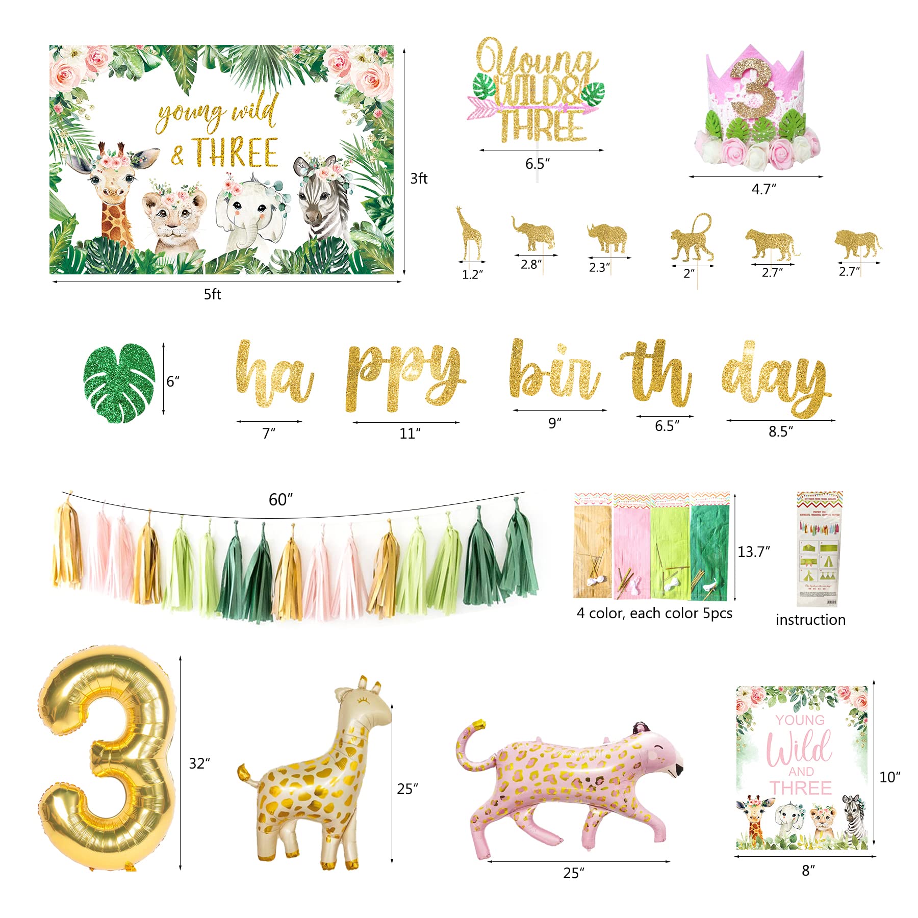 YSHMFEUX Young Wild & Three Birthday Decorations Party Supplies, Wild Three Birthday Decorations for Girl, Jungle Safari Animal 3rd Birthday Decorations Girl, Wild And Three Backdrop Balloons Arch