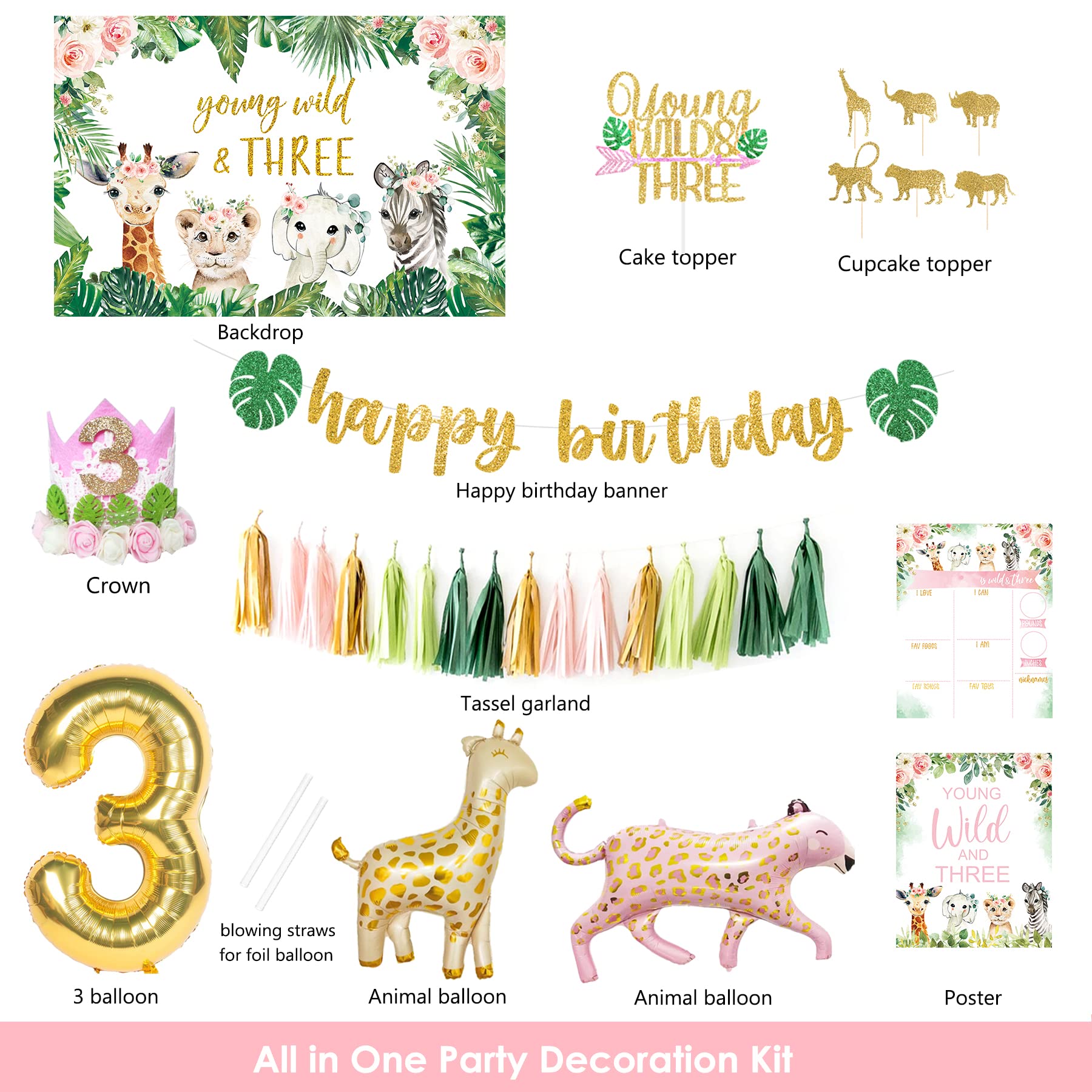 YSHMFEUX Young Wild & Three Birthday Decorations Party Supplies, Wild Three Birthday Decorations for Girl, Jungle Safari Animal 3rd Birthday Decorations Girl, Wild And Three Backdrop Balloons Arch