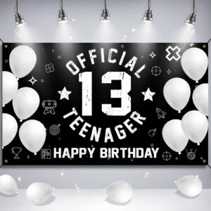 htdzzi 13th birthday backdrop banner, happy 13th birthday decoration for boys girls, official teenager 13 birthday party yard sign, 13 year old birthday photo booth props decor, fabric, black white