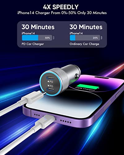 iPhone Fast Car Charger,2Pack Dual Port USB C Car Charger[MFI Certified]Power Delivery Car Adapter with 2Pack Lightning Cable Type C Rapid Car Charging for iPhone 14/14 Pro/13/12/11/X/Xs/Xr/SE/8/iPad