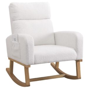 homyka nursery rocking chairs,teddy glider rocker for mom with high backrest,side pocket and extended wood legs for bedroom living room, white sherpa