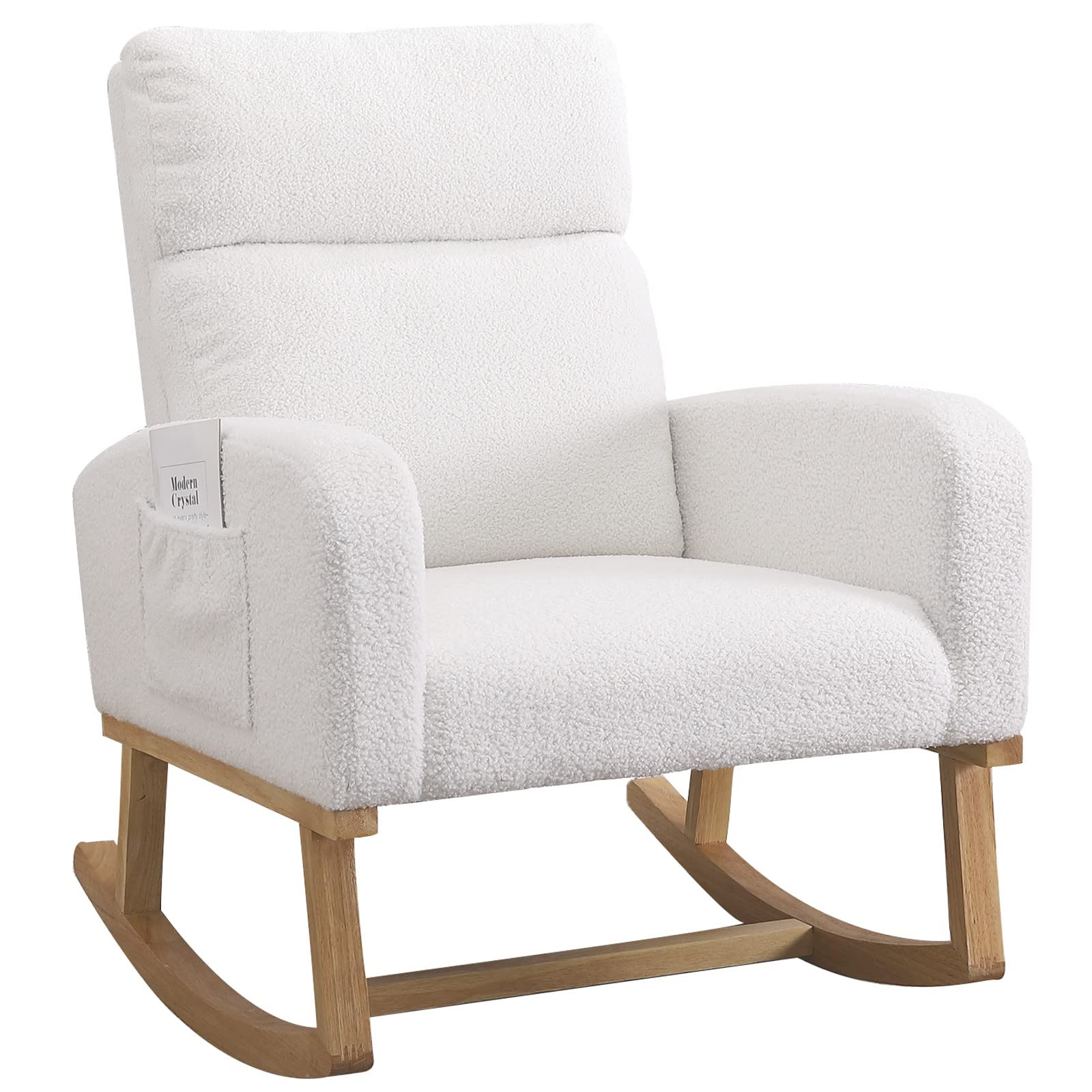 HOMYKA Nursery Rocking Chairs,Teddy Glider Rocker for Mom with High Backrest,Side Pocket and Extended Wood Legs for Bedroom Living Room, White Sherpa