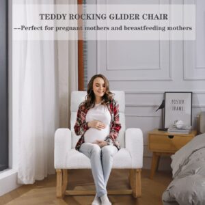 HOMYKA Nursery Rocking Chairs,Teddy Glider Rocker for Mom with High Backrest,Side Pocket and Extended Wood Legs for Bedroom Living Room, White Sherpa