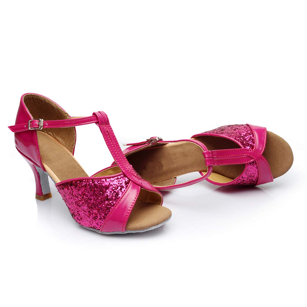 AOIROE Dance Sandals Latin Ballroom Women's Prom Fashion Color Shoes Salsa Women's sandals Womens Wide Sandals (Hot Pink, 7)