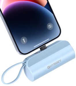 qhyrgey portable charger for iphone, 5000mah mini power bank with built-in cable & phone stand, small battery pack compatible with for iphone14/13/12/11/pro/xs/xr/x/8/7/6/plus airpods and more, white