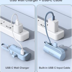 QHYRGEY Portable Charger for iPhone, 5000mAh Mini Power Bank with Built-in Cable & Phone Stand, Small Battery Pack Compatible with for iPhone14/13/12/11/Pro/XS/XR/X/8/7/6/Plus AirPods and More, White