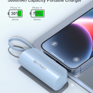 QHYRGEY Portable Charger for iPhone, 5000mAh Mini Power Bank with Built-in Cable & Phone Stand, Small Battery Pack Compatible with for iPhone14/13/12/11/Pro/XS/XR/X/8/7/6/Plus AirPods and More, White