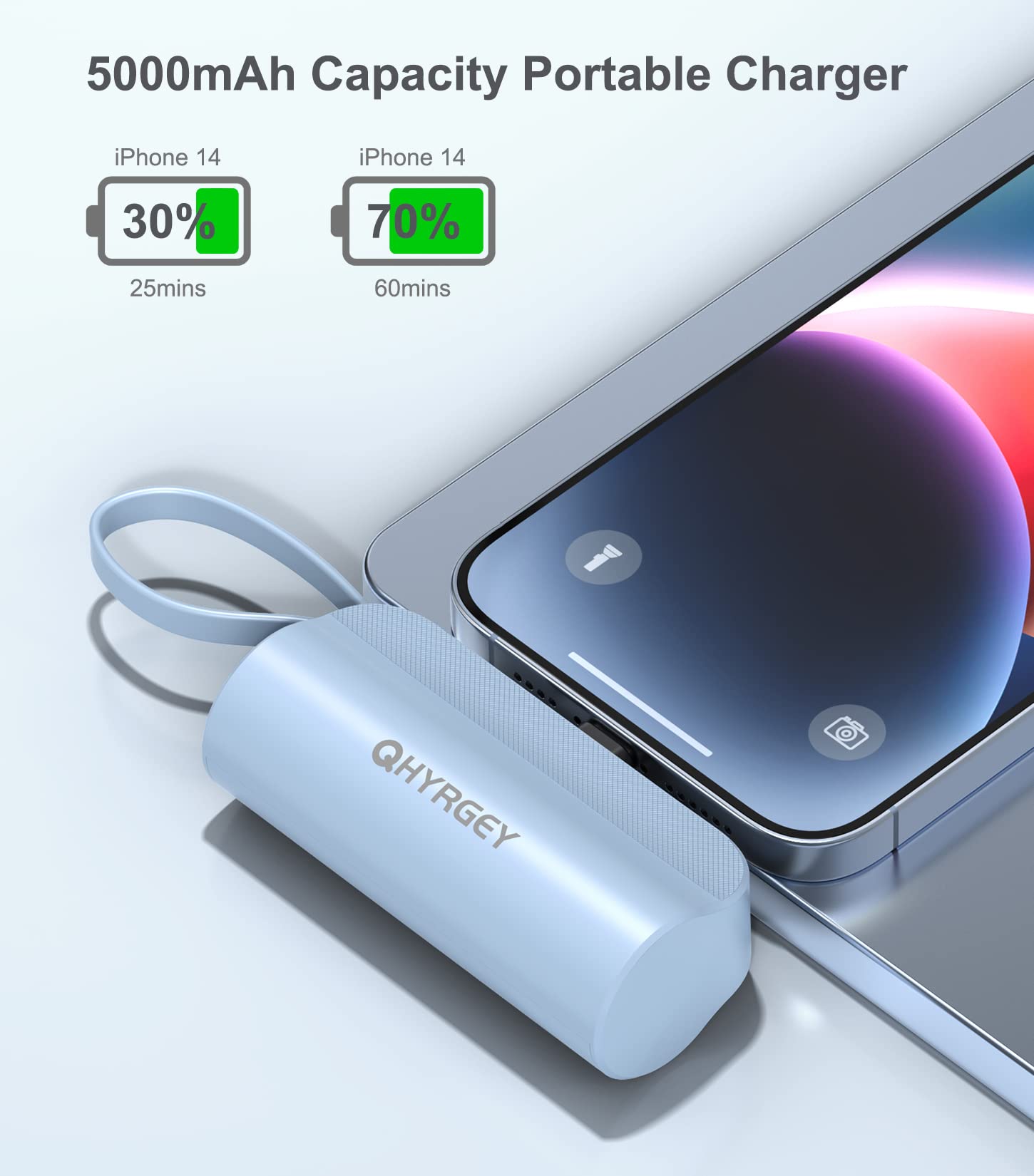 QHYRGEY Portable Charger for iPhone, 5000mAh Mini Power Bank with Built-in Cable & Phone Stand, Small Battery Pack Compatible with for iPhone14/13/12/11/Pro/XS/XR/X/8/7/6/Plus AirPods and More, White