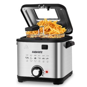 suewrite electric deep fryer, 1.5 liters/1.6 qt. oil capacity, small deep fryer with basket for home use, cool touch sides easy to clean, nonstick basket