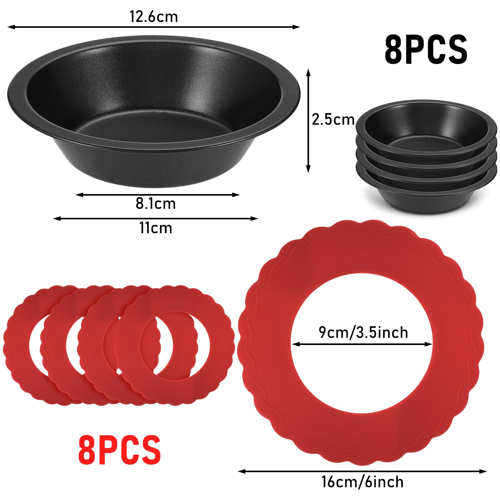 Pie Dish Set Including Mini Pie Pans Nonstick 5 Inch Mini Metal Bakeware and Silicone Pie Crust Protector 3.5-6.4 Inch Kitchen Pie Baking Cover to Protect Edge from Burning, Red (16 Pcs)