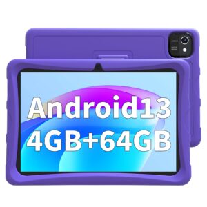 android 13 tablet, 10 inch tablet for kids with case, 4gb ram 64gb rom 512gb expand, quad-core processor, 1280x800 ips touch screen, gps, wifi, dual camera, bluetooth, 6000mah (purple)