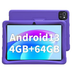 Android 13 Tablet, 10 inch Tablet for Kids with Case, 4GB RAM 64GB ROM 512GB Expand, Quad-Core Processor, 1280x800 IPS Touch Screen, GPS, WiFi, Dual Camera, Bluetooth, 6000mAh (Purple)