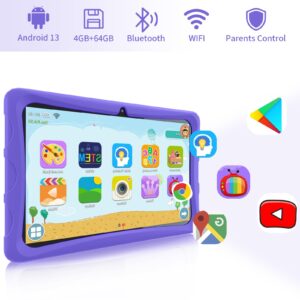 Android 13 Tablet, 10 inch Tablet for Kids with Case, 4GB RAM 64GB ROM 512GB Expand, Quad-Core Processor, 1280x800 IPS Touch Screen, GPS, WiFi, Dual Camera, Bluetooth, 6000mAh (Purple)