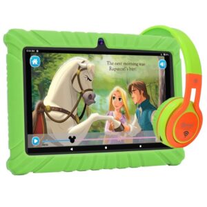 contixo kids tablet, v8 tablet for kids and kb-2600 kids foldable wireless bluetooth headphone bundle, learning tablet, parental control family link - green