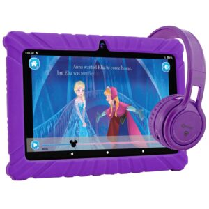 contixo kids tablet, v8 tablet for kids and kb-2600 kids foldable wireless bluetooth headphone bundle, learning tablet, parental control family link - purple