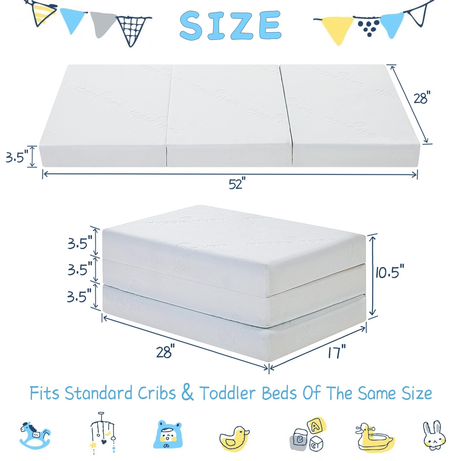 Hygge Hush Tri-fold Baby Mattress, Soft Memory Foam Toddler Mattress, Waterproof Baby Mattresses for Toddler, Removable and Machine Washable Mattress Cover, 52"x28"x3.5"