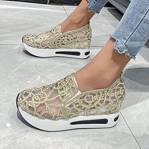 Mzluyin Platform Fashion Sneakers for Women Casual Mesh Breathable Wedges Pointed Toe Thick Bottom High Heel Low Top Shoes Slip On Flat Walking Shoes Play Sneakers Sheer Loafers