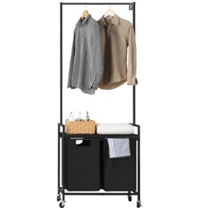 laundry hamper with shelf grey laundry sorter with wheels 2 section laundry hamper cart with hanging rack 6 hooks for laundry room bathroom bedroom, rustic grey