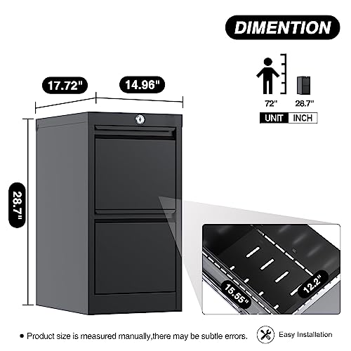 Reemoon Metal File Cabinet with Lock, Drawers Vertical Filing Stoage Cabinets for Home Office, Small and Narrow Filing Cabinet for Hanging Letter/Legal/A4 Folders (Black, 2 Drawers)