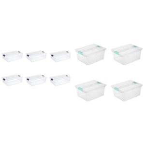 sterilite 32 quart/30 liter clearview latch box, clear with sweet plum latches, 6-pack & deep clear plastic stackable storage container bin box tote with clear latching lid organizing solution, 4 pack