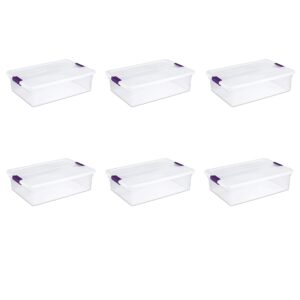 Sterilite 32 Quart/30 Liter ClearView Latch Box, Clear with Sweet Plum Latches, 6-Pack & Deep Clear Plastic Stackable Storage Container Bin Box Tote with Clear Latching Lid Organizing Solution, 4 Pack