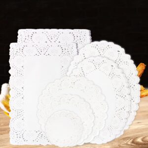 350 pcs disposable doilies paper lace assorted size food grade decorative placemats add elegance to serving tray plates, coffee, cake, desert, table, tableware decoration (round rectangle oval white)