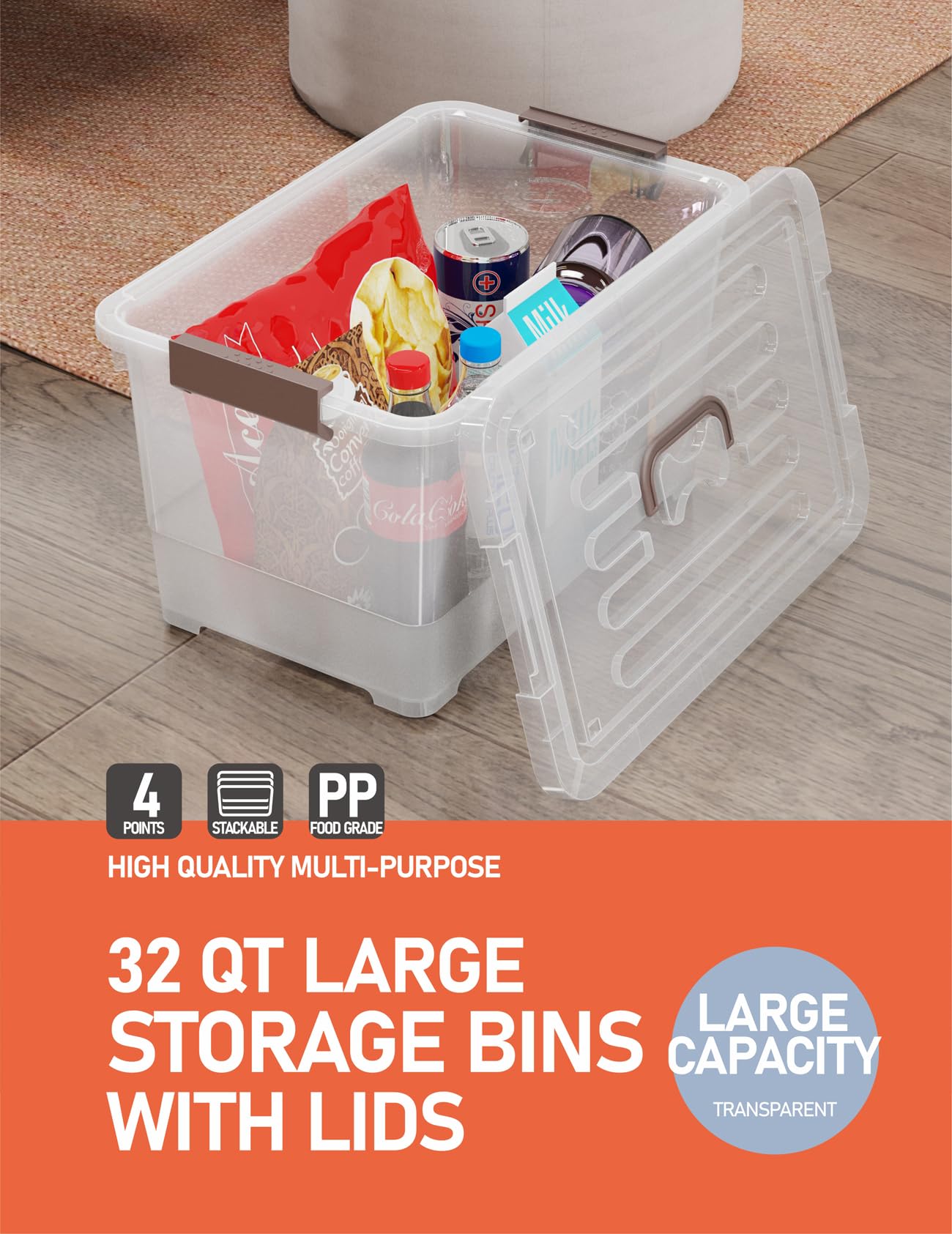 WYT 32 Qt Plastic Storage Bin Organizing Container with Durable Lids and Latching Buckle, Tote Box Stackable and Nestable, 4-Pack