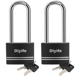 diyife padlock with key, [2 pack] [waterproof] lock with key, long shackle padlocks for outdoor anti-rust, small covered aluminum padlock with 4 alike keys for gym locker, fence, shed
