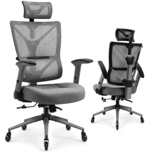 ergonomic mesh office chair - high back home office desk chairs with adjustable headrest, 2d flip-up arms, lumbar support, tilt function and rubber wheels - ergonomic design for back pain,gray