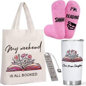 gifts for book lovers - book accessories for reading lovers include canvas tote bag, 20oz book tumbler, pink sock, bookmarks - book club gifts for readers librarian bookworms friends family