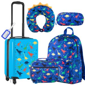 redbaker 6 pcs kids luggage set 18 inch kids rolling luggage gift for christmas kids suitcase for girls boys kids suitcase(dark blue, dinosaur style)