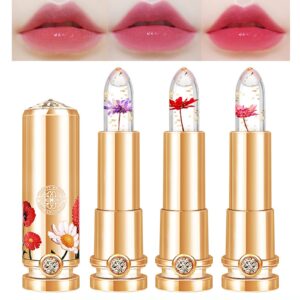 mrettick 3 colors crystal flower jelly lipstick set,magic temperature color changing lip gloss ph lipstick color changing jelly lipstick waterproof moisturizer lip balm (#1+#2+#3)