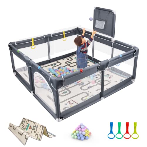 Baby Playpen with Mat Included, 60" x 60" Large Baby Playpen with 100 Ocean Balls, Indoor/Outdoor Playpen, Sturdy Design with Gates, Play Pin, Baby Play Area with New Upgraded Steel Tube