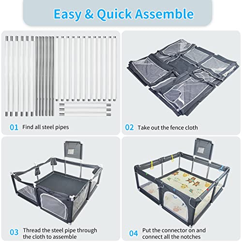 Baby Playpen with Mat Included, 60" x 60" Large Baby Playpen with 100 Ocean Balls, Indoor/Outdoor Playpen, Sturdy Design with Gates, Play Pin, Baby Play Area with New Upgraded Steel Tube