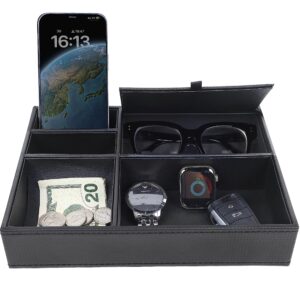 zcaukya men's valet tray, jewelry box nightstand organizer with 5 compartments for phone keys wallet watch glasses, faux leather dresser entryway catchall holder for father's day gift (black)