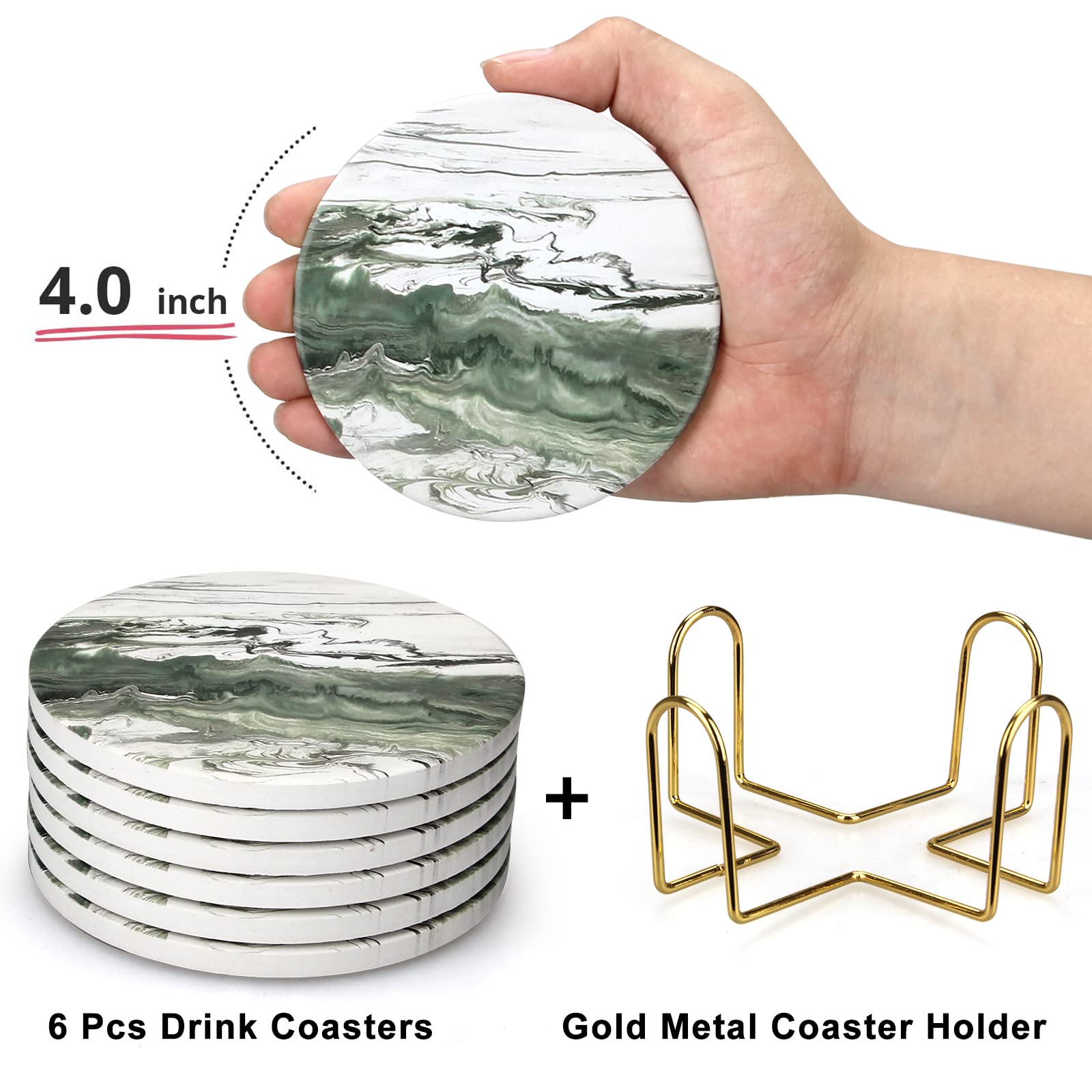 6 Pcs Green Ceramic Coasters with Holder Round Cool Drink Absorbent Coasters Set Best Modern Coffee Table Coasters Art Decorative Coasters Bar Farmhouse Outdoor Coasters Cup Coaster Gift