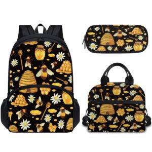 forchrinse cute bee daisy kids boys girls backpack kit for kindergarten elementary school-3 in 1 student bookbag and tote lunch box pencil bag